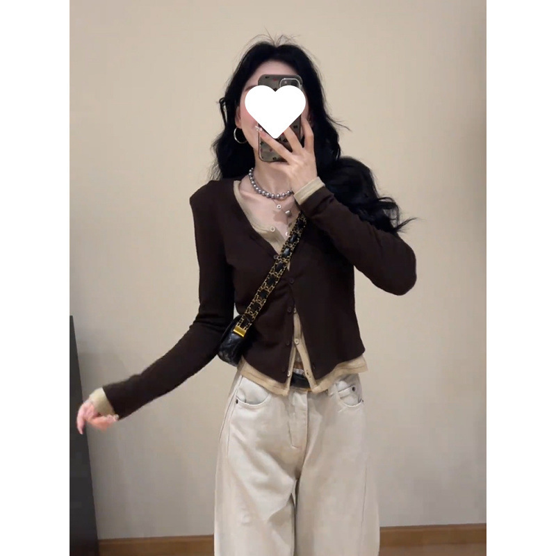 【2613人コレクション】独特で美しいカレー色のvネックの偽の2つの底のtシャツの女性の秋冬はとてもきれいです。|undefined