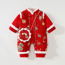 婴儿衣服冬装棉衣女宝宝夹棉加厚连体衣爬服红色喜庆周岁拜年棉服