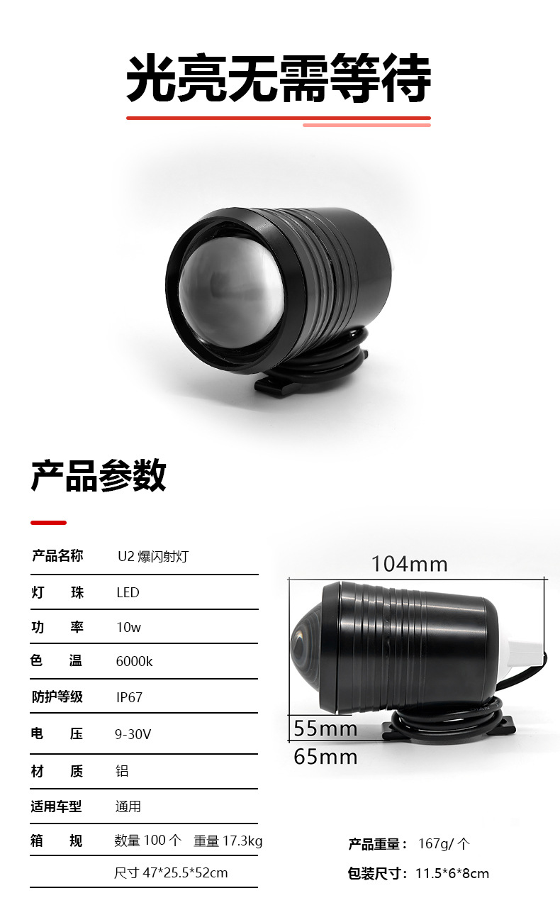 LED Lens Headlight U2 10W Spotlight for Car Motorcycle Modification