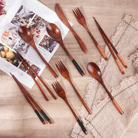 创意日式餐具套装 楠木筷子刀叉勺四件套木质简约筷子勺子套装