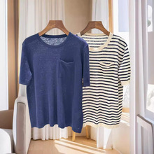 高奢老钱风MAX家原面料进口意大利100%亚麻和纹单兜宽松针织短袖