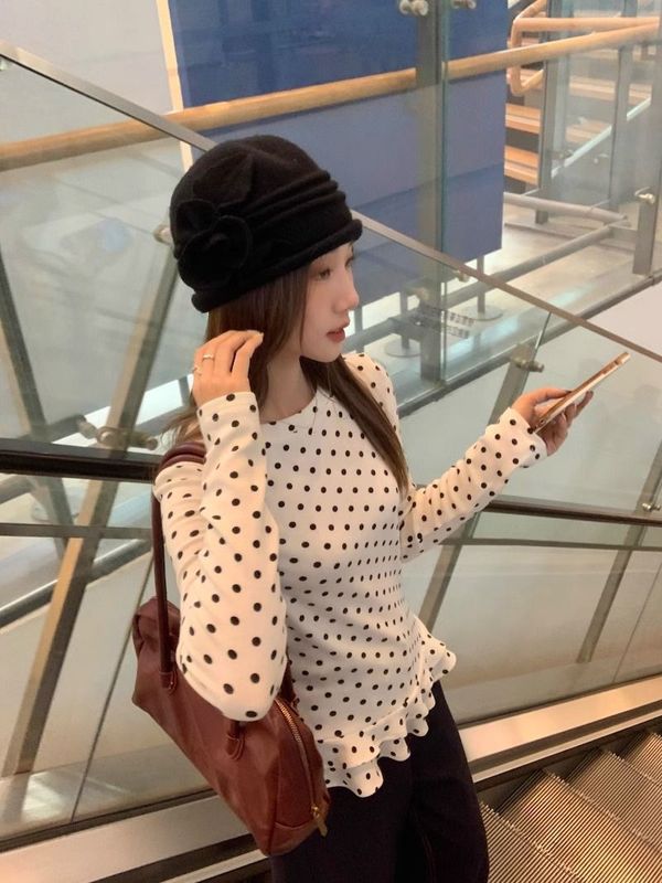 原版面料 甜美风白色波点长袖T恤女春季荷叶边打底衫显瘦内搭上衣|undefined