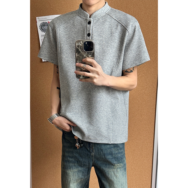 T-shirt High Street Henry da uomo, top corto casual versatile e di tendenza per la primavera, con colletto alla coreana in stile americano e maniche corte_voghion.com