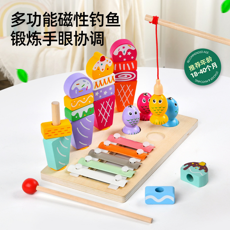 Columna de manga de pesca tridimensional de madera dos en uno para niños Montessori forma cognitiva a juego coordinación mano-ojo juguetes educativos