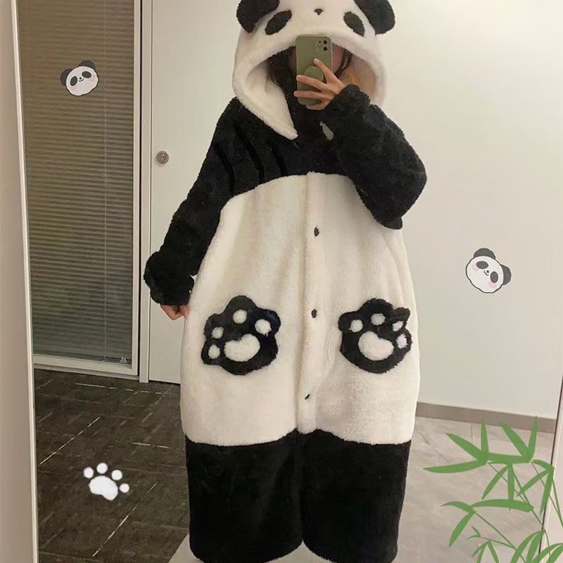 秋冬珊瑚绒法兰绒情侣亲子加厚熊猫女睡袍浴袍睡衣家居服跨境