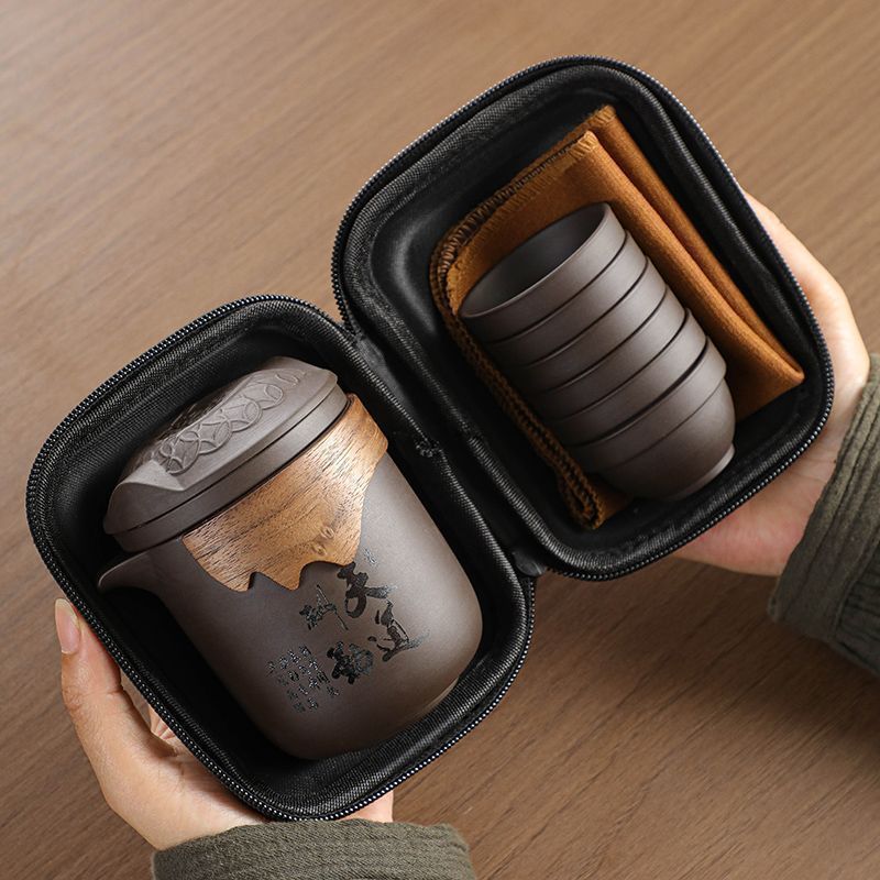 便携式旅行茶具一壶六杯家用户外旅游高档紫砂茶水分离防烫快客杯