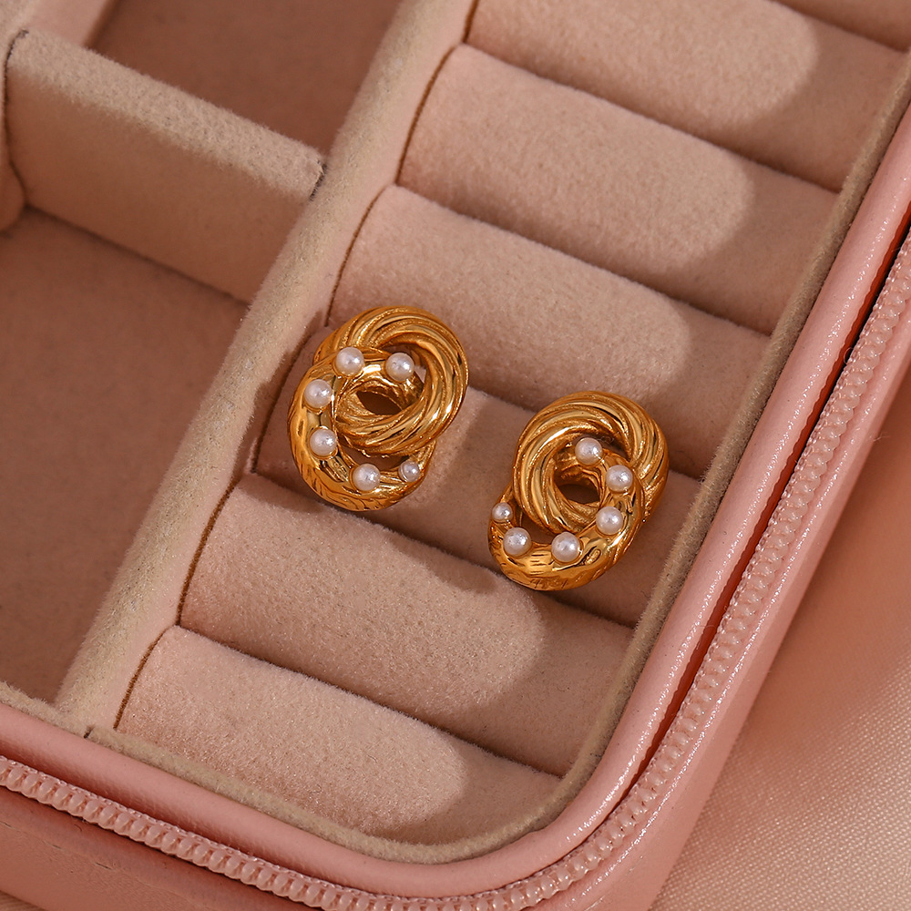 Fashion Round Stainless Steel Plating Inlay Pearl Ear Studs 1 Pair