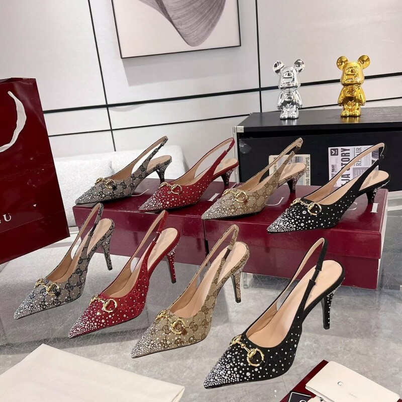 European and American Fashion High-Heeled Sandals 2025 Double g Letter Rhinestone Horsebit Metal Single Shoes with Closed Toe and Back Strap, Trendy Export Style European and American Fashion High-Heeled Sandals 2025 Double g Letter Rhinestone Horsebit Metal Single Shoes with Closed Toe and Back Strap, Trendy Export Style