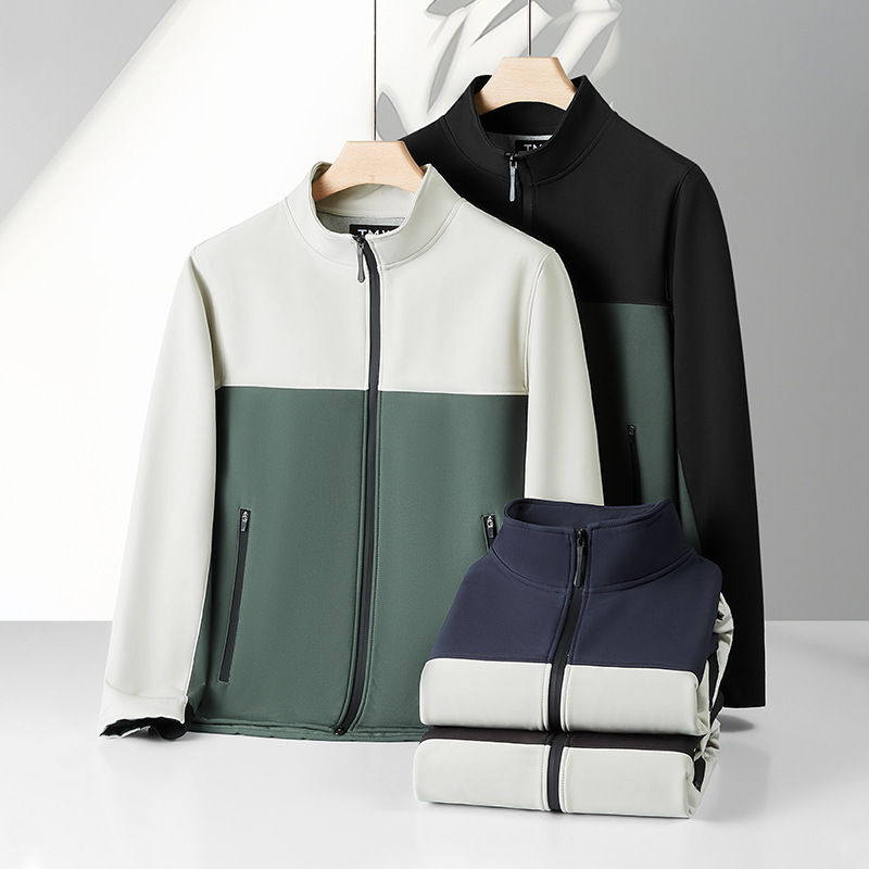 Outdoor Color-Blocked Stand-Up Collar Zipper Cardigan Waterproof, Windproof and Oil-Proof Autumn and Winter Warm Soft Shell Jacket Jacket for Men Wholesale