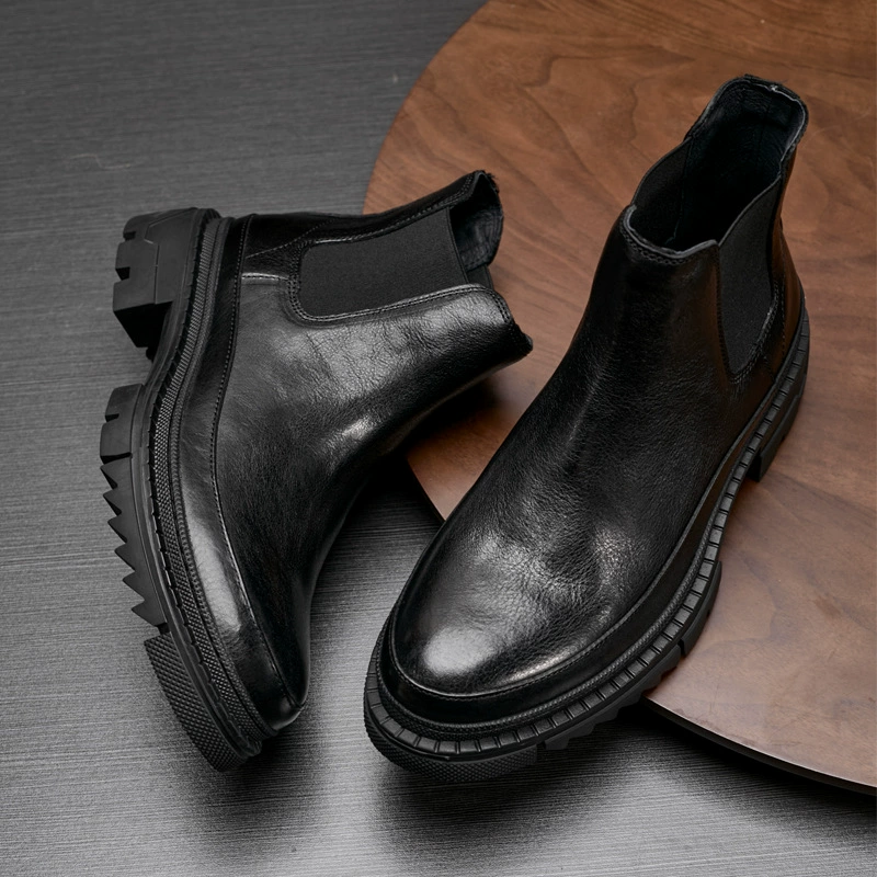 Осенние и зимние сапоги Martin мужские кожаные модные рукава Челси сапоги черные сапоги с толстой подошвой, прилив, круглые кожаные сапоги