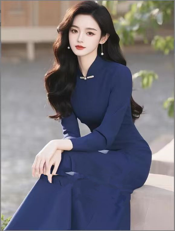 秋季新中式国风改良旗袍女高端精致高级感端庄大气蓝色盘扣连衣裙|undefined
