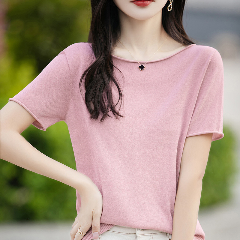 Women's Tencel Cotton T-shirt Summer Thin Loose Base Shirt Half Sleeve Inner Top