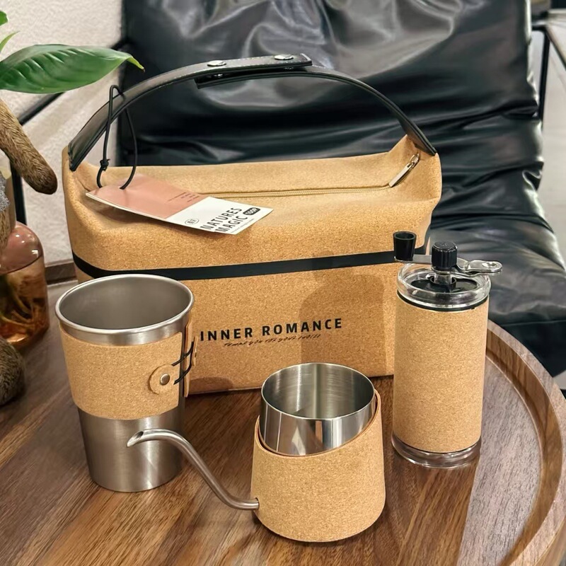 Xiaohongshu's Popular Hand-Brewed Coffee Pot Cork Set Outdoor Camping Stainless Steel Water Cup Portable Hand-Cranked Coffee Grinder