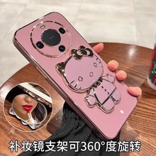 适用华为mate60Pro+手机壳电镀猫咪支架补妆镜Mate50硅胶软壳P60