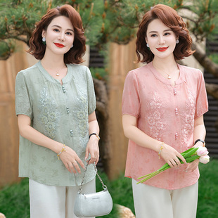 Dropshipping Summer Ramie Short-Sleeve Shirt for Mothers, 50-Year-Old Middle-Aged Women's Elegant, Complexion-Enhancing, Breathable T-Shirt for Women