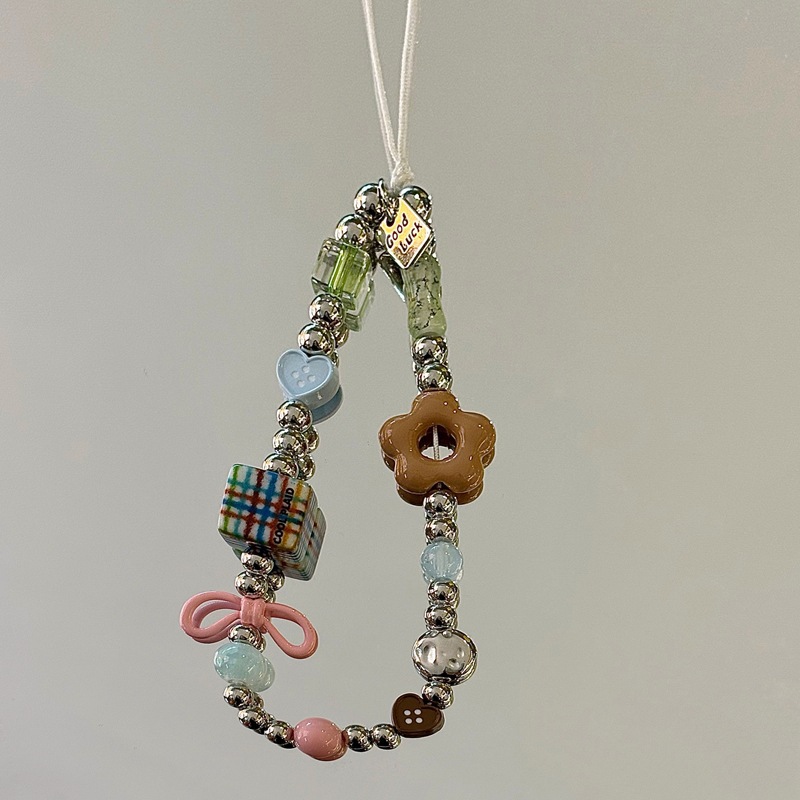 Retro blue-brown square flower phone case lanyard CCD camera booklet decoration DIY bracelet beads