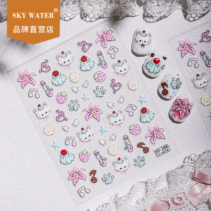 Sky Japanese Cartoon Holiday Style Kitten Nail Art Stickers Plumeria Cake Cute DIY Embossed Decorative Nail Stickers