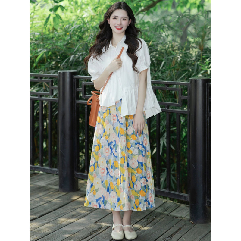 Maternity Wear 2025 New Summer Korean Style Fashionable Asymmetrical Short-Sleeved Shirt + Belly Support Skirt Maternity Suit