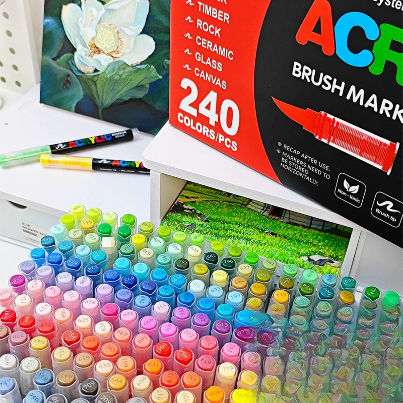 Brush acrylic marker set, 240 colors, direct-flow refill, odorless blendable ink