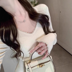 白色领针织打底衫女内搭春秋薄款2025新款设计感小众不撞款上衣