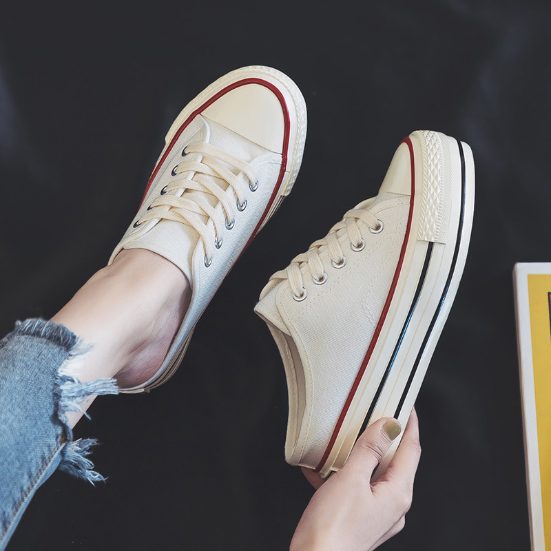 Inner Height-Increasing Half Slippers 2025 Summer and Autum Heelless Canvas Shoes for Female Students Korean Style Versatile Breathable Thick Sole 6066