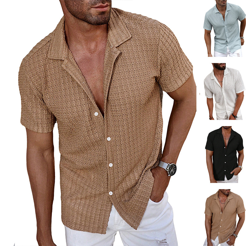Nuevo transfronterizo Europa y América de verano hombre nuevo botón de la solapa camiseta fresca agujero de diseño de camiseta casual