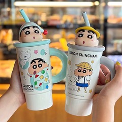 蜡笔小新桌面冰霸杯带手柄女生高颜值可爱卡通保温杯茶水分离水杯