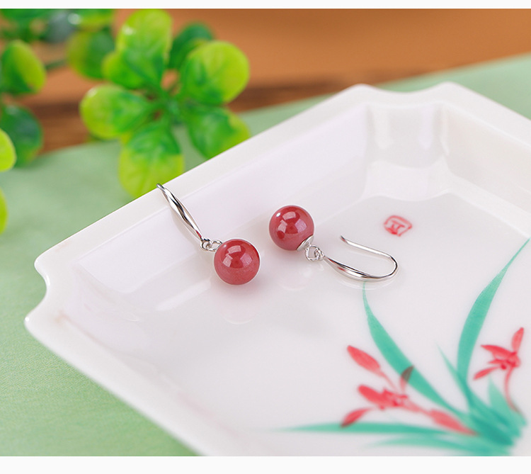 Bông tai bạc S925 móc hoa tai đính đá ngọc bích Hetian hạt tròn đơn giản — Kiểu nước nắng chi tiết 4