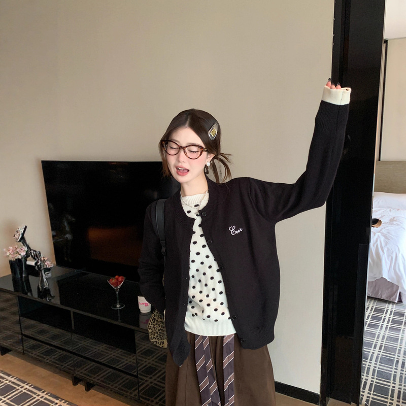 Fake Two-Piece Sweater Cardigan Women's Coat Polka Dot Sweater Black Super Nice Top Outer Wear