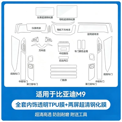 for 25 models of BYD: Car interior film - byd-m9-full-set-of-interior-tpu-film-dual-screen-ultra-clear-tempered-film