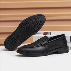 New men's leather business casual comfortable shoes with a round head, black shallow mouth one-step slip-on leather shoes