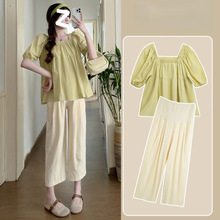 孕妇夏季孕妇装娃娃领孕妇短款上衣托腹裤子两件套2025新款套装夏