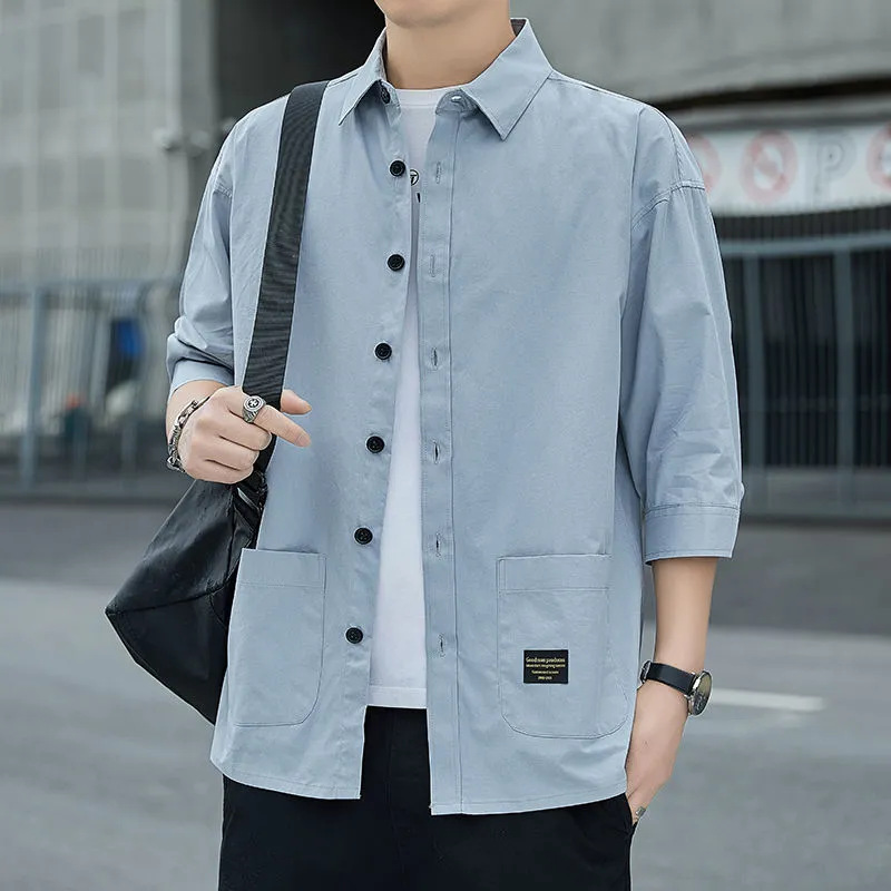A generation of pure cotton seven-point sleeve men's shirt casual Hong Kong wind loose version of the sleeve shirt coat men's fashion