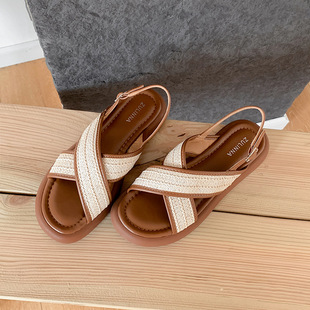[Sheii Su Yinyin] California Beach ~ Vacation Woven Color-Blocked Cross-Strap Soft-Soled Sandals for Women to Wear Outside