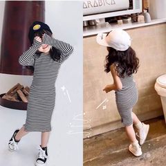 77161女童連衣裙T恤裙夏款新款修身背心裙兒童童裝黑白條紋打底衫
