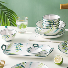 手繪綠蔭陶瓷碗碟餐具 碗盤家用 釉下彩飯碗湯碗北歐碗具瓷碗碟子