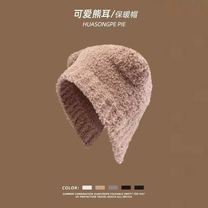 韩版可爱小羊毛绒帽子女秋冬季保暖绑带针织护耳帽百搭套头雷锋帽|undefined