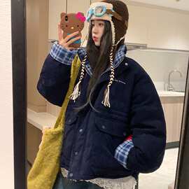 韩系复古棉服女2025冬季新款棉衣灯芯绒棉袄假两件格纹学生厚外套