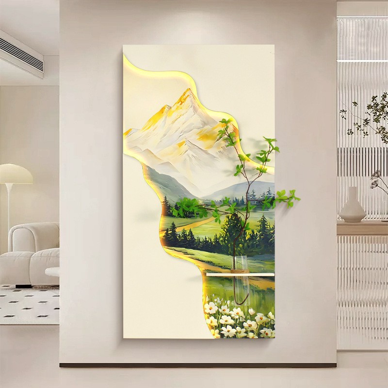 奶油风玄关装饰画高级感立体砂岩画水培绿植走廊过道led壁灯挂画|undefined