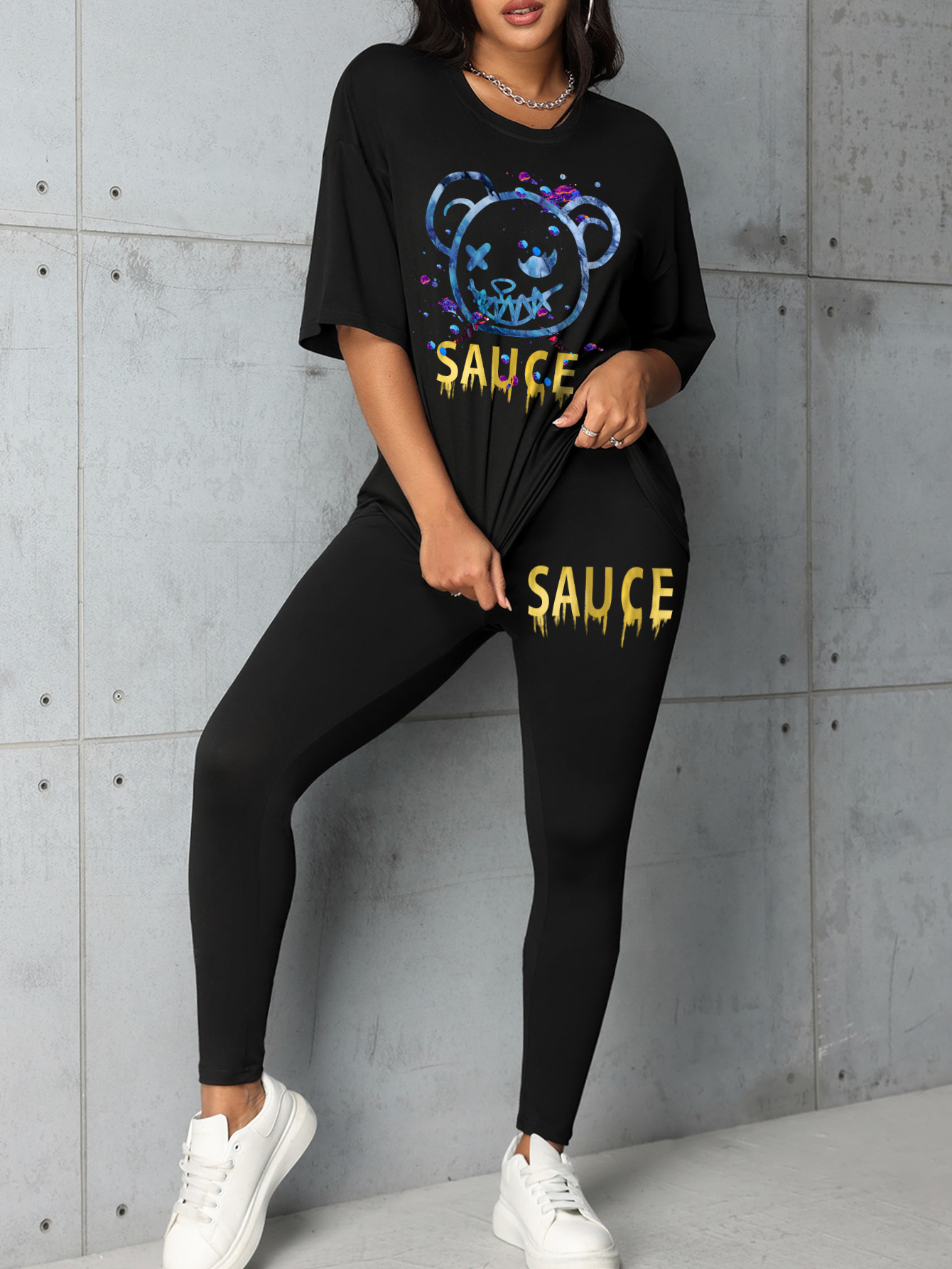 Plus Size Women’s Matching Set With Letter & Bear Print Summer_voghion.com