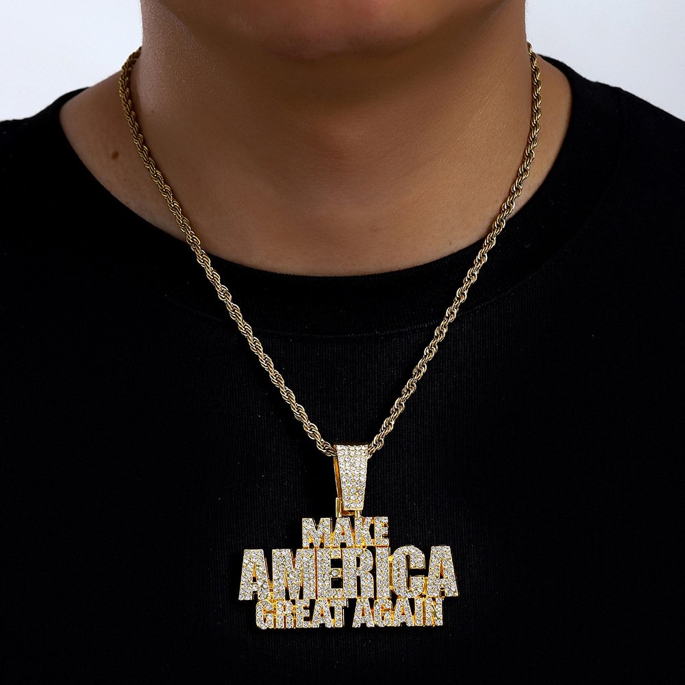 Amazon venta caliente Europa y América Hip Hop accesorios para hombres dominantes llenos de diamantes MAKE AMERICA colgante de letras cadena cubana