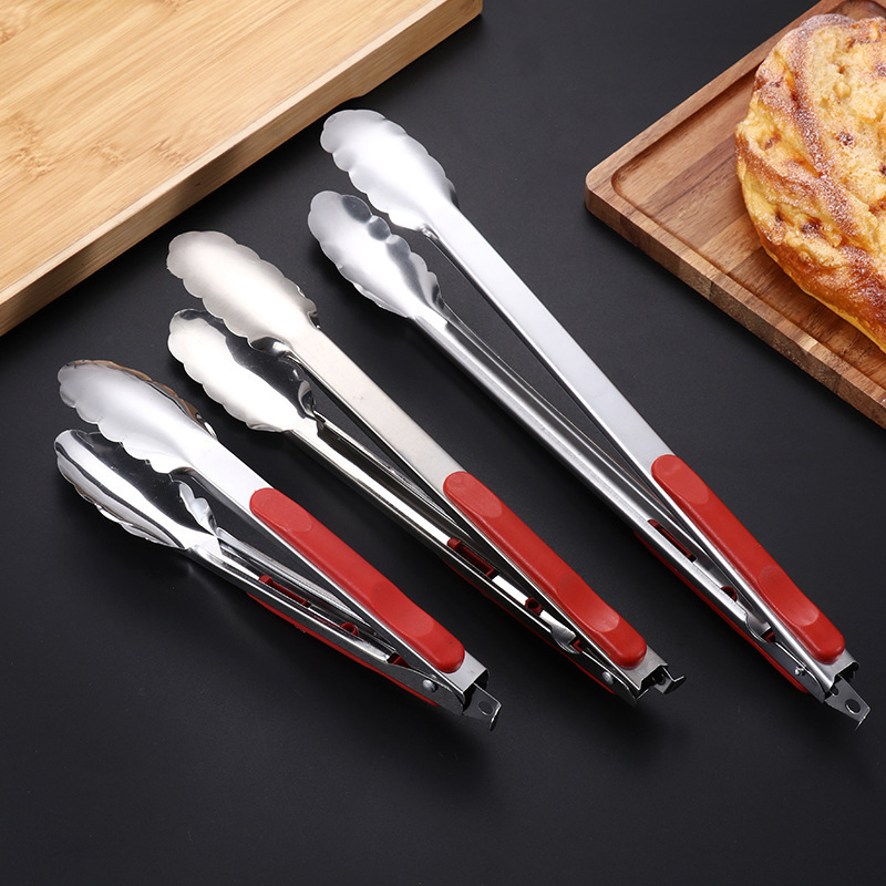 201 non-magnetic stainless steel red plastic clip bread food tableware use food clip steak barbecue clip wholesale
