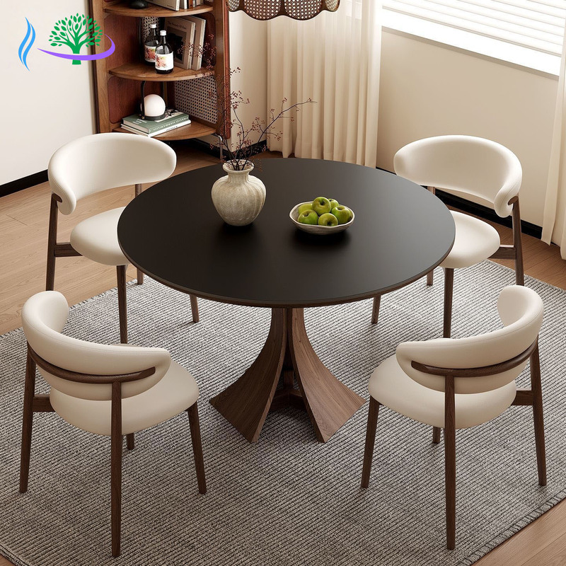 Round Dining Table, Retro Mid-Century Style, Nordic Solid Wood Slate Dining Table, Simple and Luxurious, Suitable for Small Apartments, Cream-Colored Dining Table