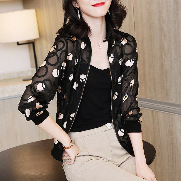 シフォン薄型空調日焼け止めジャケット婦人服韓国風長袖ジッパー野球ユニフォームプリントルーズショートジャケット|undefined
