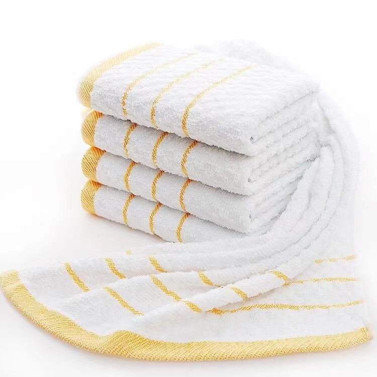 Golden edge towel factory wholesale hotel sweat steaming gold ribbon pineapple lattice disposable golden edge Bath white towel 80g