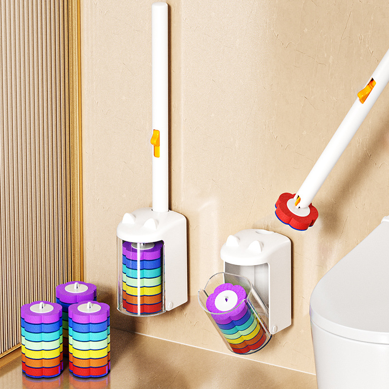 Disposable Toilet Brush Set with Colorful Dopamine Brush Head, Automatic Opening and Closing, Household Cleaning Brush, Wall-mounted Long-handled Toilet Cleaner