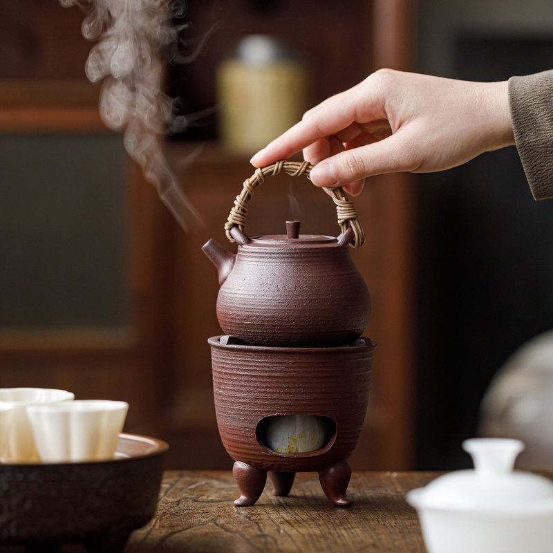 Hao Lan Rustic Pottery Tea Stove Set with Teapot for Outdoor Camping, Vintage Chinese-Style Tea Brewing Device with Alcohol Stove