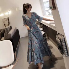 连衣裙女夏季2025年新款碎花雪纺过膝长裙喇叭袖短袖韩版裙子森系