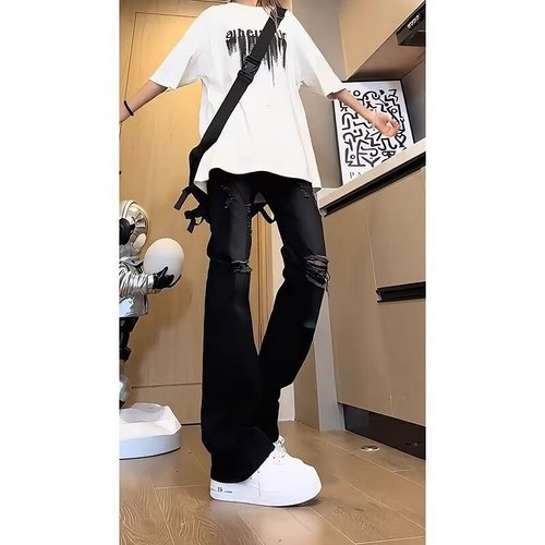 American-style street-washed distressed ripped jeans for men, suitable for spring and autumn, straight-leg, loose, European and American high street vibe, long pants