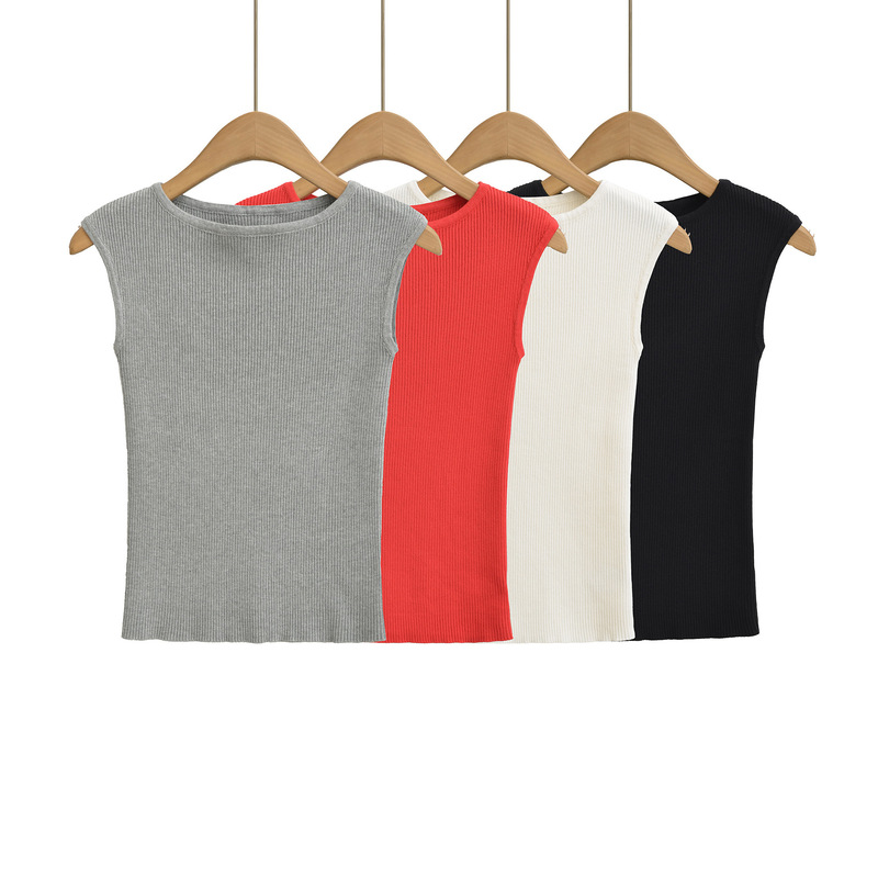 Stretch Slim Fit Boat Neck Vertical Pattern Knitted Vest Women's Autumn New Sleeveless Top Solid Color Inner Hot Girl Bottoming Shirt